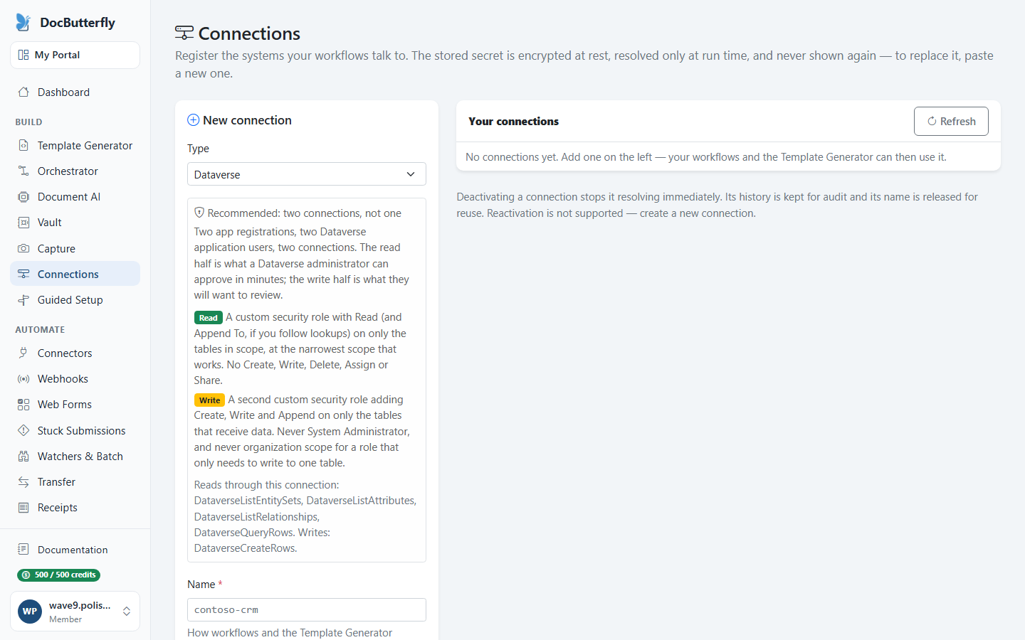 The Connections page, where a connection to SharePoint, Dataverse, SQL or a file store is added and tested.