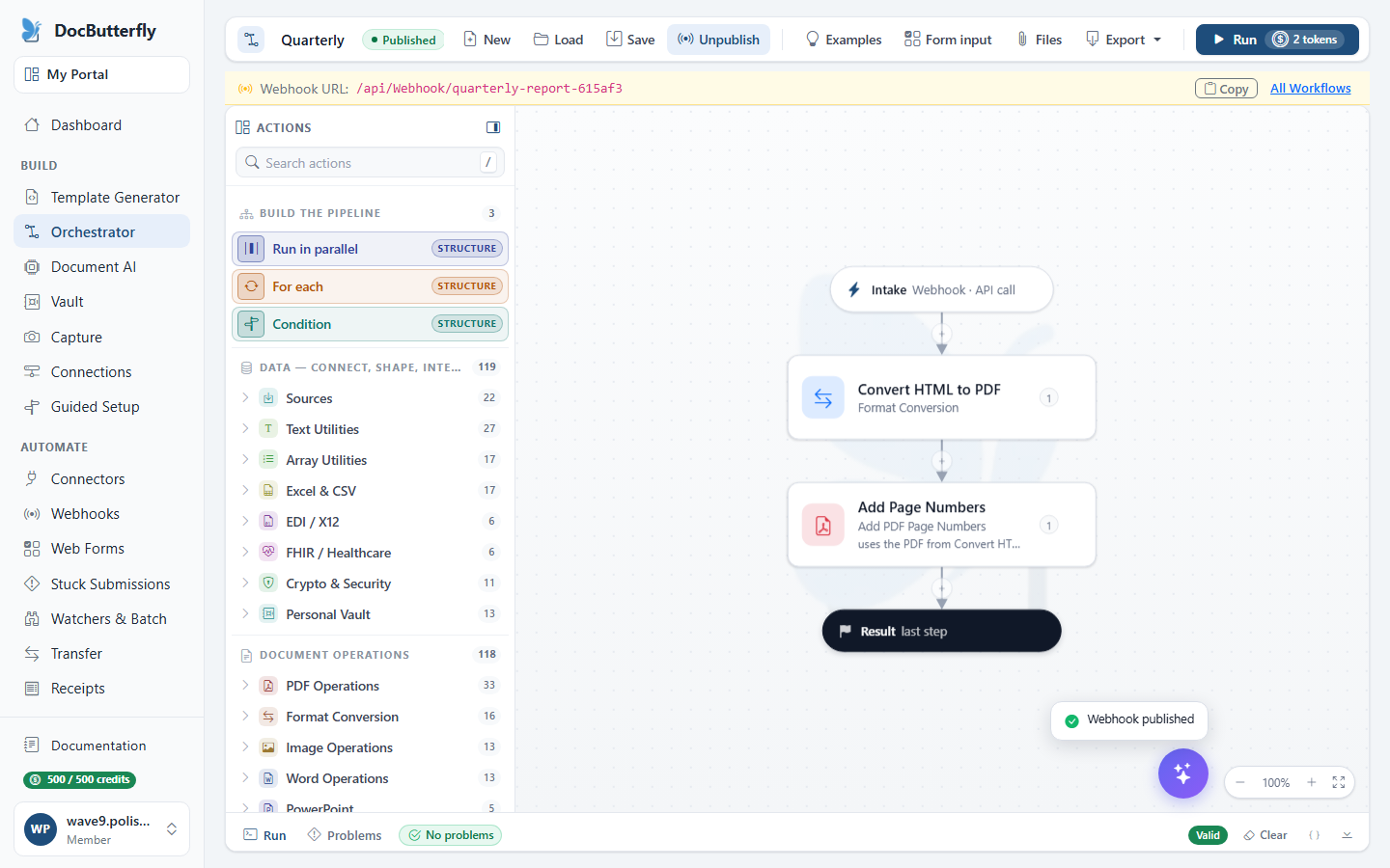 A published workflow: the name marked Published, the webhook address in a bar across the top, and the button now offering to unpublish it.