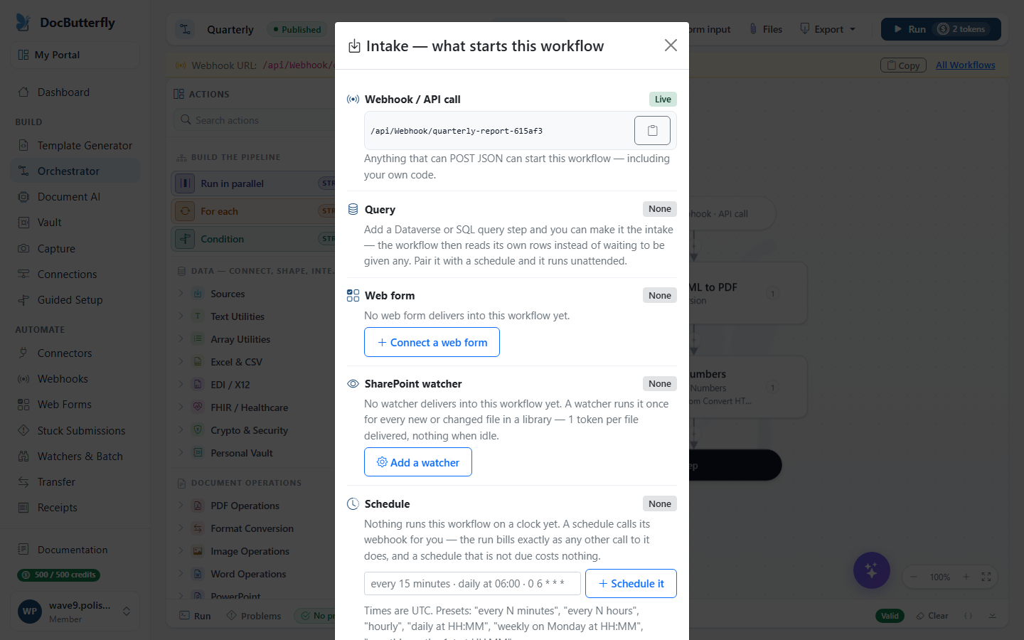 The intake panel listing the ways a workflow can be started: webhook or API call, query, web form, SharePoint watcher and schedule.