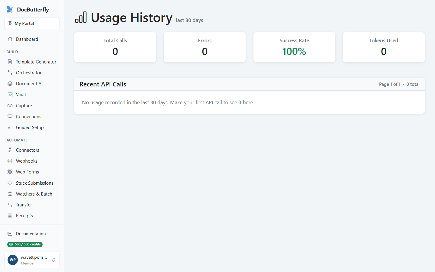 The Usage page: total calls, errors, success rate and tokens used, over a list of recent calls. On a new account the list is empty.